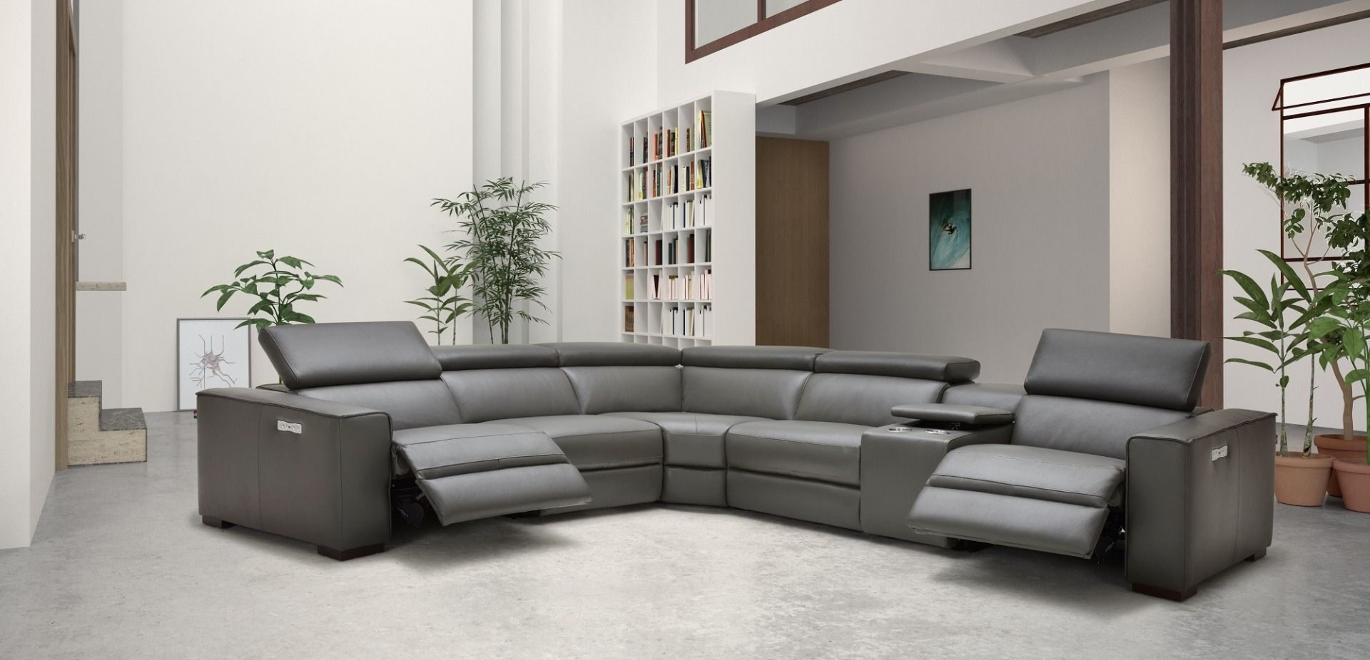 Picasso Sectional Sofa Set In Top Grain Dark Gray Leather With Motion Recliners