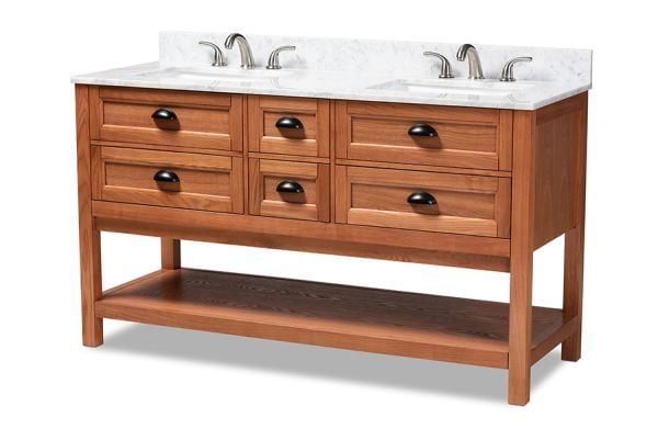 Alamitos 60 Inch Farmhouse Country Weathered Oak Finished Wood And Marble Single Sink Bathroom Vanity - Farmhouse Bathroom Vanity 60 Inch Single Sink